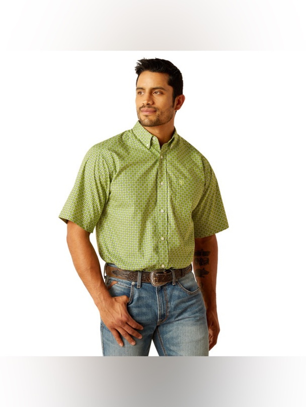 Ariat Toby Western Ranch Shirt XXL Green Geometric Print Button Front‎ Men Rodeo